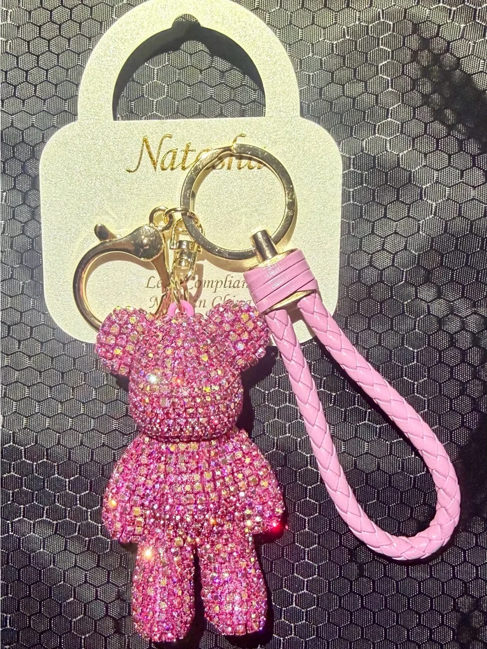 Natasha Couture Pink Crystal Teddy Keyring with Braided Strap